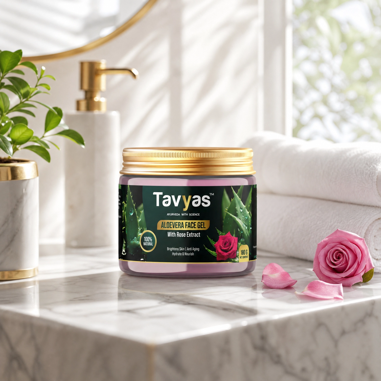 Tavyas Aloe Vera Gel with Rose Extract | Face, Skin & Hair Care Gel | Deep Hydration & Lightweight Formula | Non-Sticky | 180g